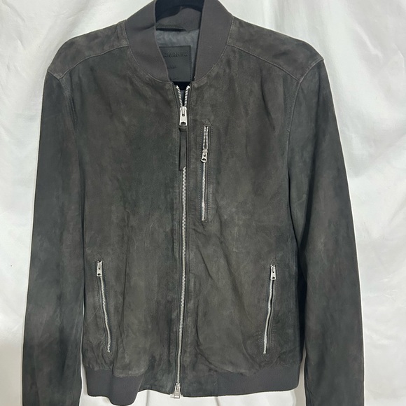 All Saints Dark Gray Suede Bomber Jacket - Picture 1 of 3